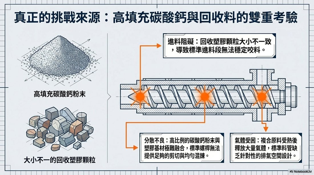 高填充碳酸鈣與回收料的雙重考驗:進料阻礙、分散不良、氣體受困